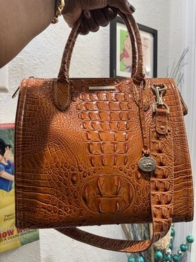Brahmin Cognac Croc-Embossed Satchel with Gold Hardware